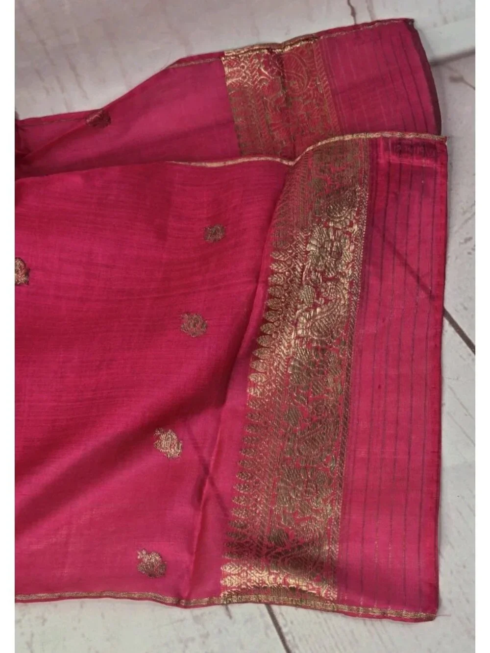 Hand Woven 100% Pure Silk MAGENTA PINK GOLD Made in India Saree Scarf @ 43